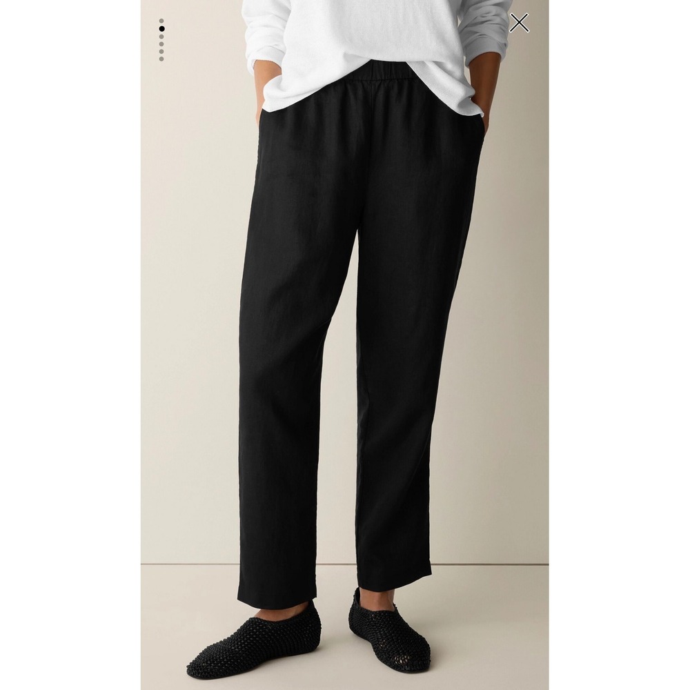Eileen Fisher Black Organic Linen Tapered Pants Size Medium M Elastic Waist - Picture 2 of 8